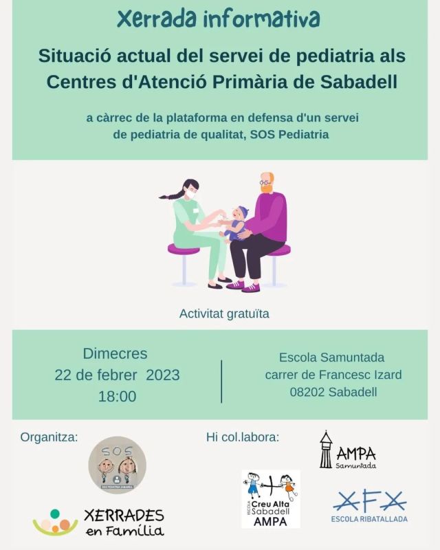 Hola famílies! Per aquelles que tinguin inquietud en conèixer més sobre la situació actual del servei de pediatria als caps de Sabadell, us esperem a l'escola Samuntada on ens explicaran quin rumb porta.
.
.
#comissióxerradesafaribatallada 
@ampasamuntada 
@ampacreualta