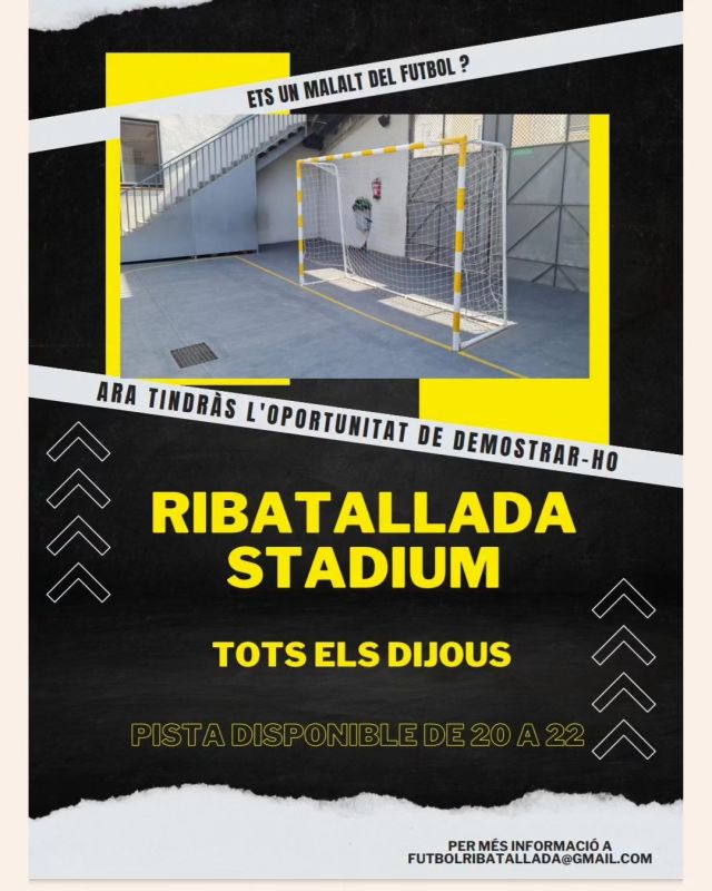 Ets un malalt del futbol? ⚽El Ribatallada Stadium torna a obrir les seves portes a mares i pares !!! 

Informació: futbolribatallada@gmail.com

#paresimaresfutboldelribatallada
#comunitatribatallada